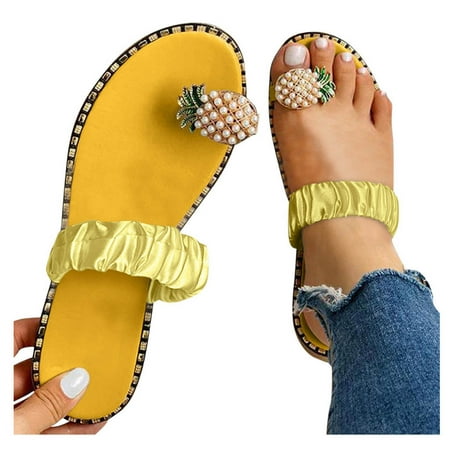 

Amzcrzy Sandals for Women Flat Fashion Beach Sandals Sweet Cute Pearls Pineapple Sandals Clip Toe Flip Flops Boho Casual Flat Slippers Beach Shoes