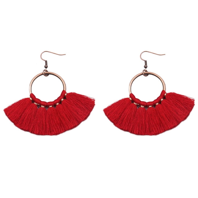 pitrice 1 Paire de Boucles d'Oreilles Bohémiennes à Pampilles Pendantes Élégantes en Forme d'Éventail Bijoux Exagérés Faits à la Main pour Fête Boucles d'Oreilles Rouges