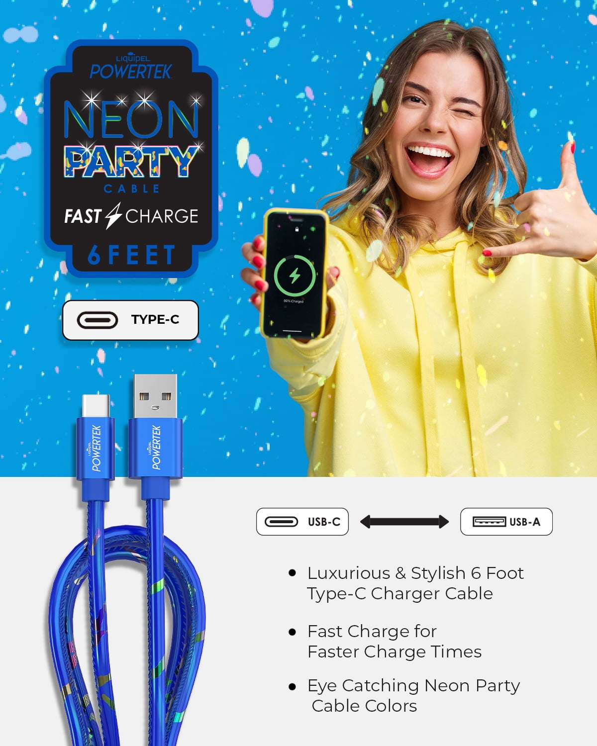 Liquipel Powertek Type-C Fast Charger Cable, 6ft USB-C for Galaxy, Note, Tab, MacBook, Neon Party