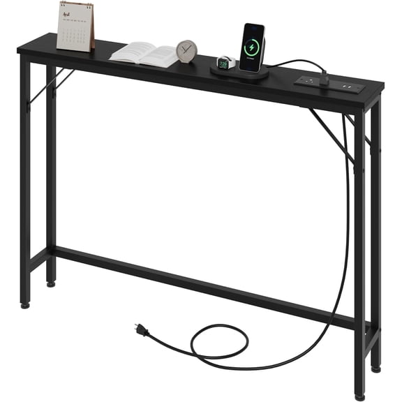 Jojoka 5.9" Narrow Sofa Table with Power Outlets, Slim Console Table, Farmhouse Behind Couch Table with Metal Frame & Wood Top for Entryway, Hallway, Foyer, Living Room - Rustic Black