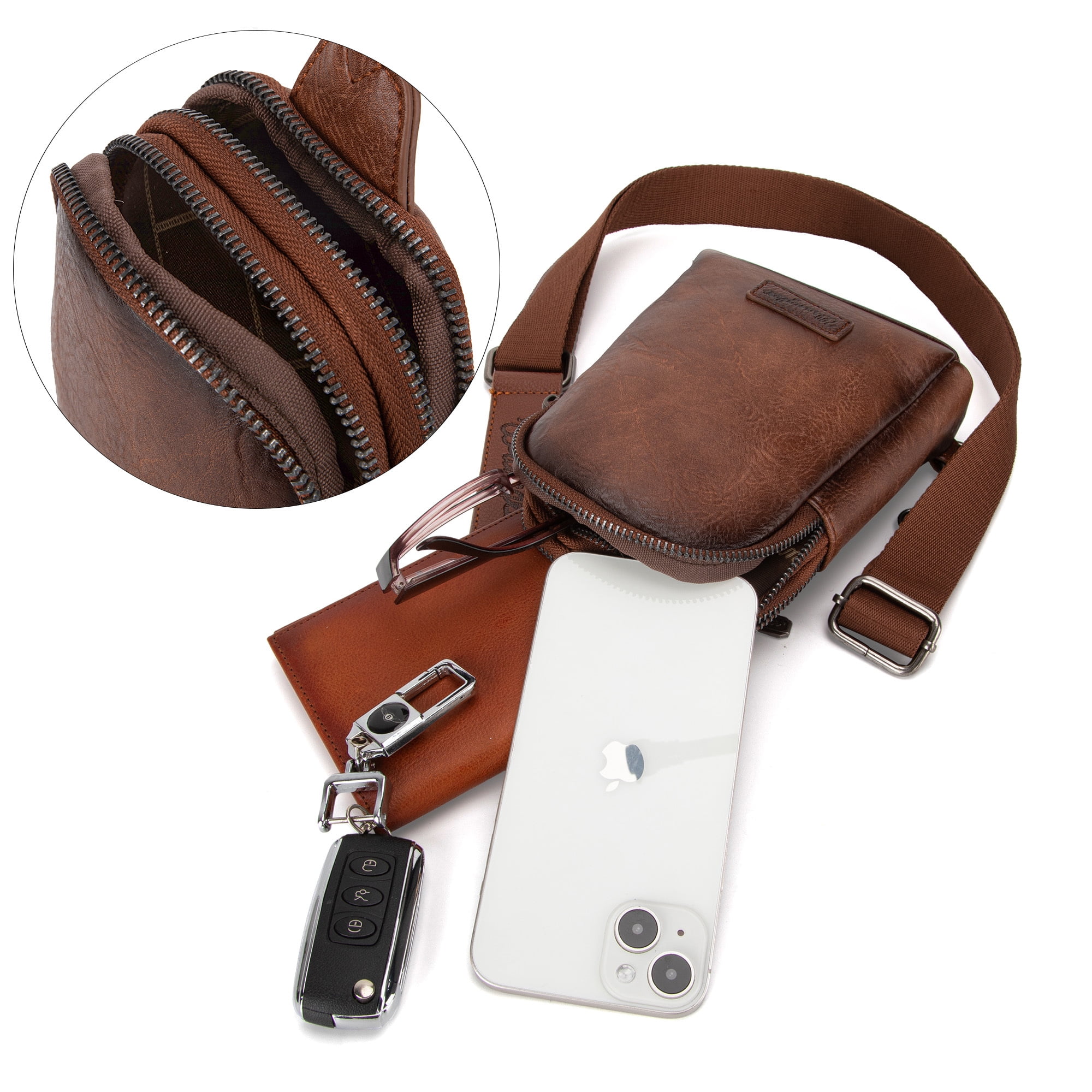 Wrangler Crossbody Sling Bags for Women Cross Body Fanny Pack Purse with Detachable Strap Zipper 7.5 "H, Distressed-Dark Brown