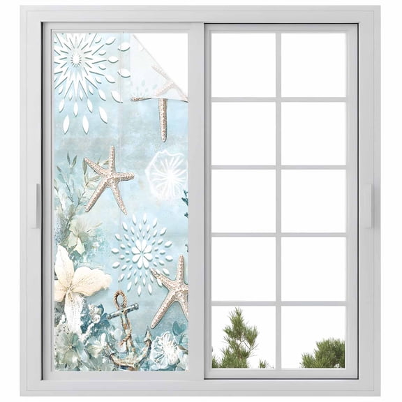 Teal Ocean Coastal Window Privacy Film, Summer Beach Nautical Coral Starfish Static Cling UV Sun Blocking Heat Control Window Tint, Non-Adhesive One Way Windows Privacy Cover 29.5''x78.7''
