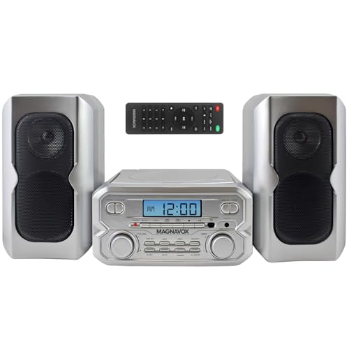 Magnavox MM435M2-SL Sistema compacto de estantería para CD de 3 piezas con radio estéreo FM digital, tecnología inalámbrica Bluetooth y control remoto en plateado | Pantalla LCD | Compatible con puert