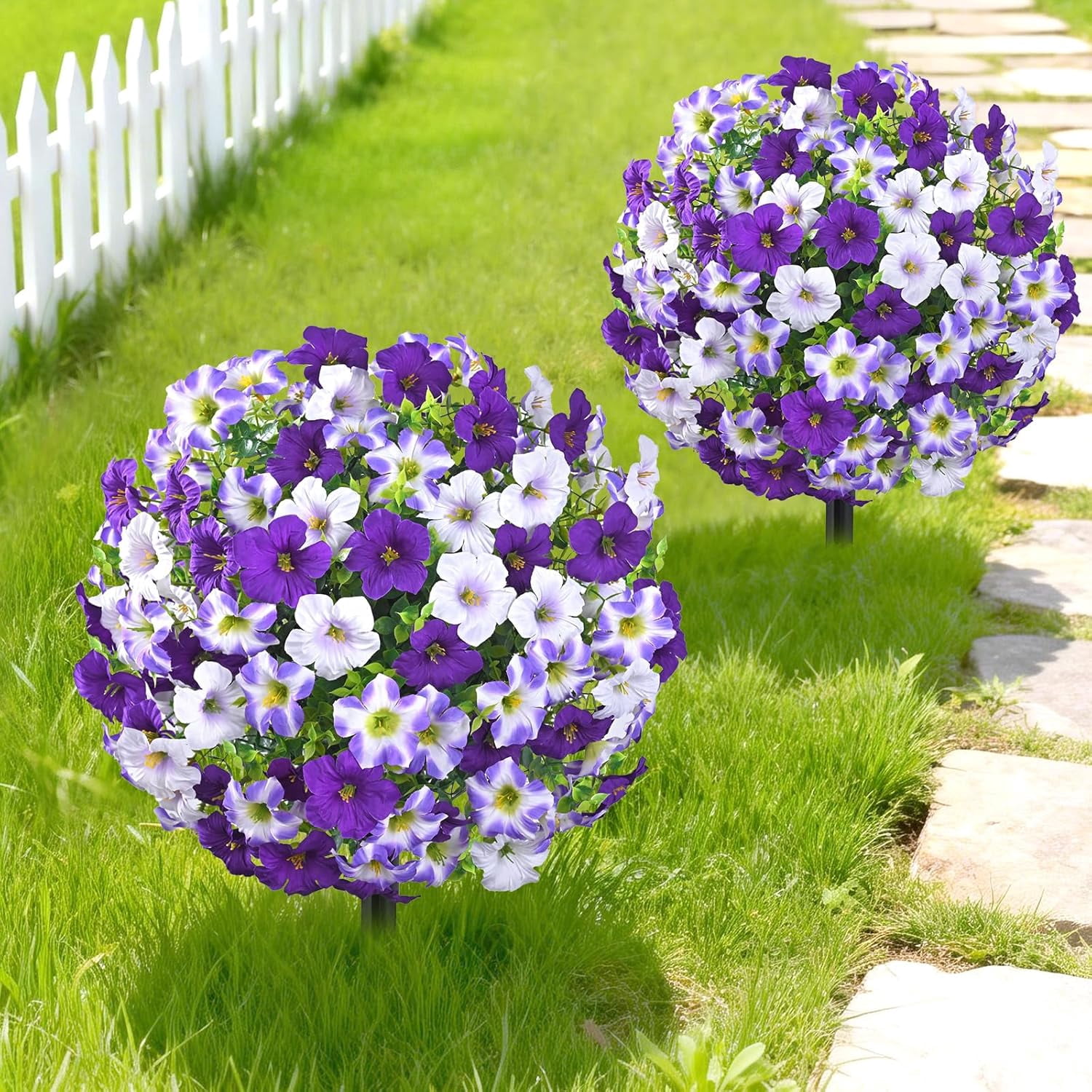Yastouay 2 Packs Artificial Flowers Topiary Balls with Ground Spikes,23 Inch UV Resistant Faux Boxwood with Petunias Flowers for Outdoor Garden Decor(Mixed Purple)