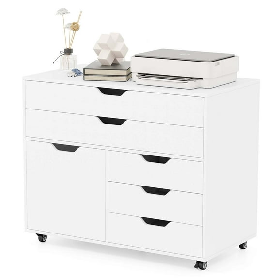 Costway 5-Drawer File Cabinet Mobile Chest of Drawers with Side Cabinet 5 Casters