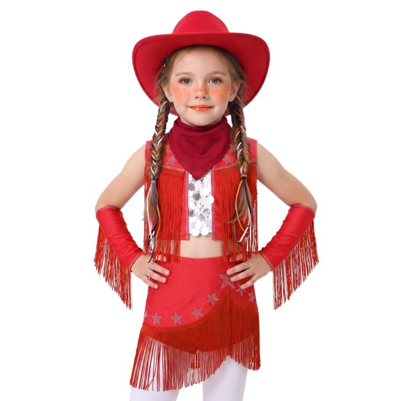 Aiihoo Kids Cowboy Cowgirl Girls Jazz Latin Dance Outfit Sleeveless Sequin Rhinestone Tassel Tops with Fringed Skirt Gloves Hat Red 6