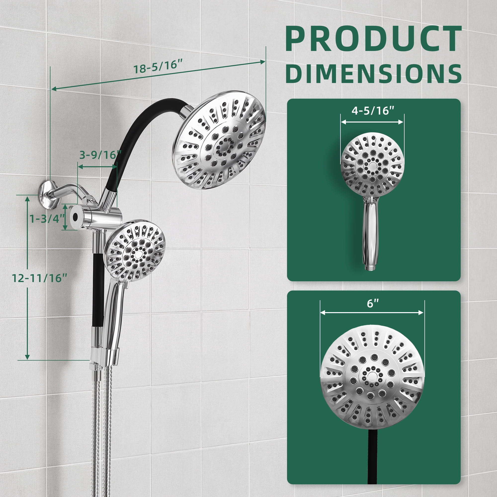 Akicon Rain Shower Head with Handheld Spray Combo, 6-Setting High Pressure Dual Shower Head with Bendable Goose Neck Shower Arm, Rainfall Showerhead System for Bathroom