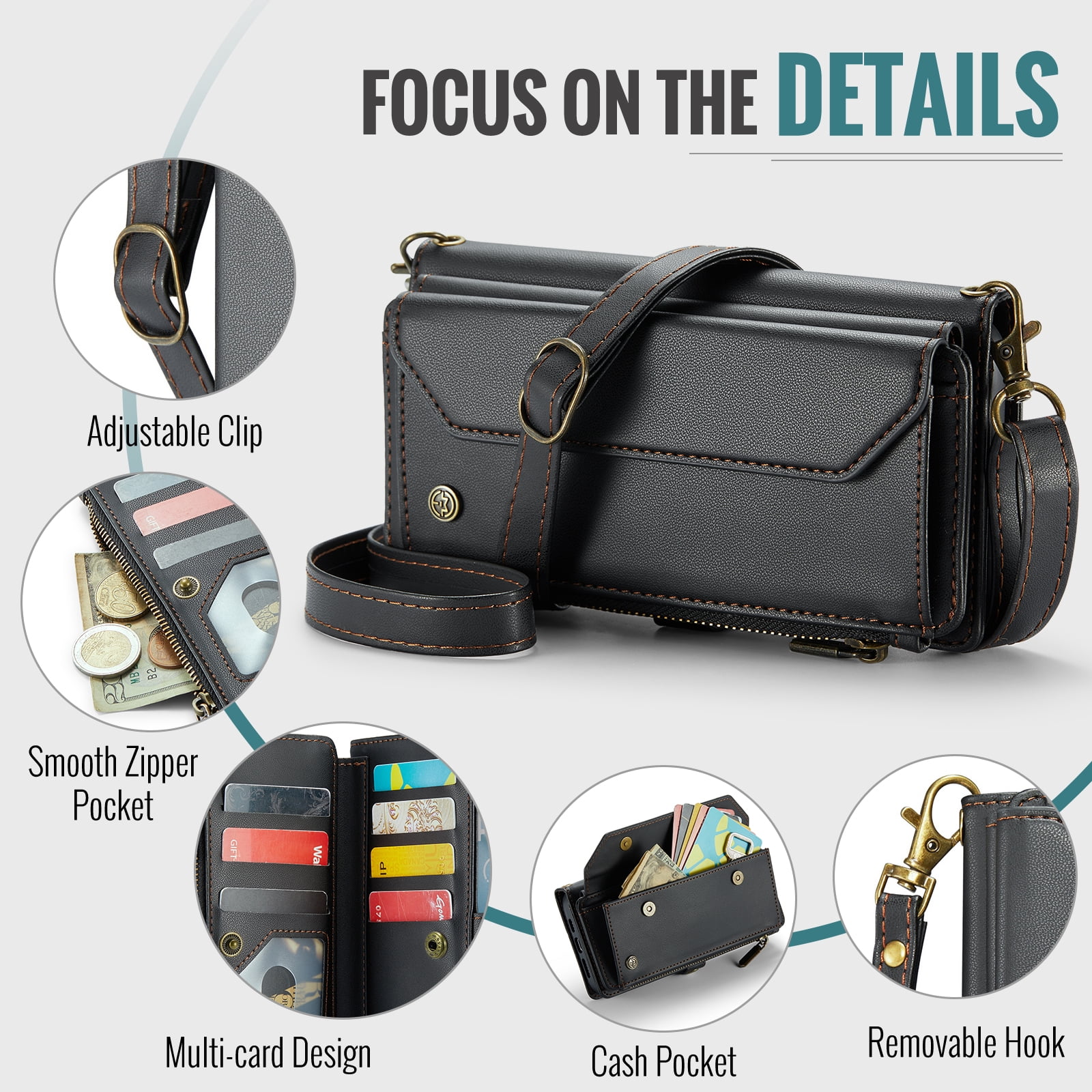 for iPhone 13 Full Body Protection Wallet Folio Flip Case, Shoulder Strap & Wristlet Card Slots Zipper Pocket RFID Blocking Rugged Durable PU Leather Phone Case Cover, Black