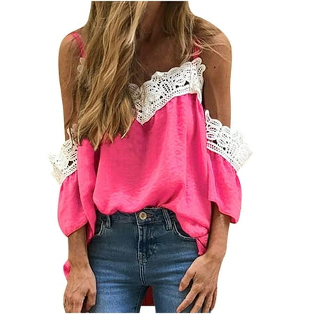 

YFPWM Summer Tank Tops for Women 2022 Trendy Athletic Tops Swimsuit Tops Cowboy Shirts Maternity Tops Summer Lace Splicing Short Sleeve T shirt Off Shoulder Adjustable Blouse