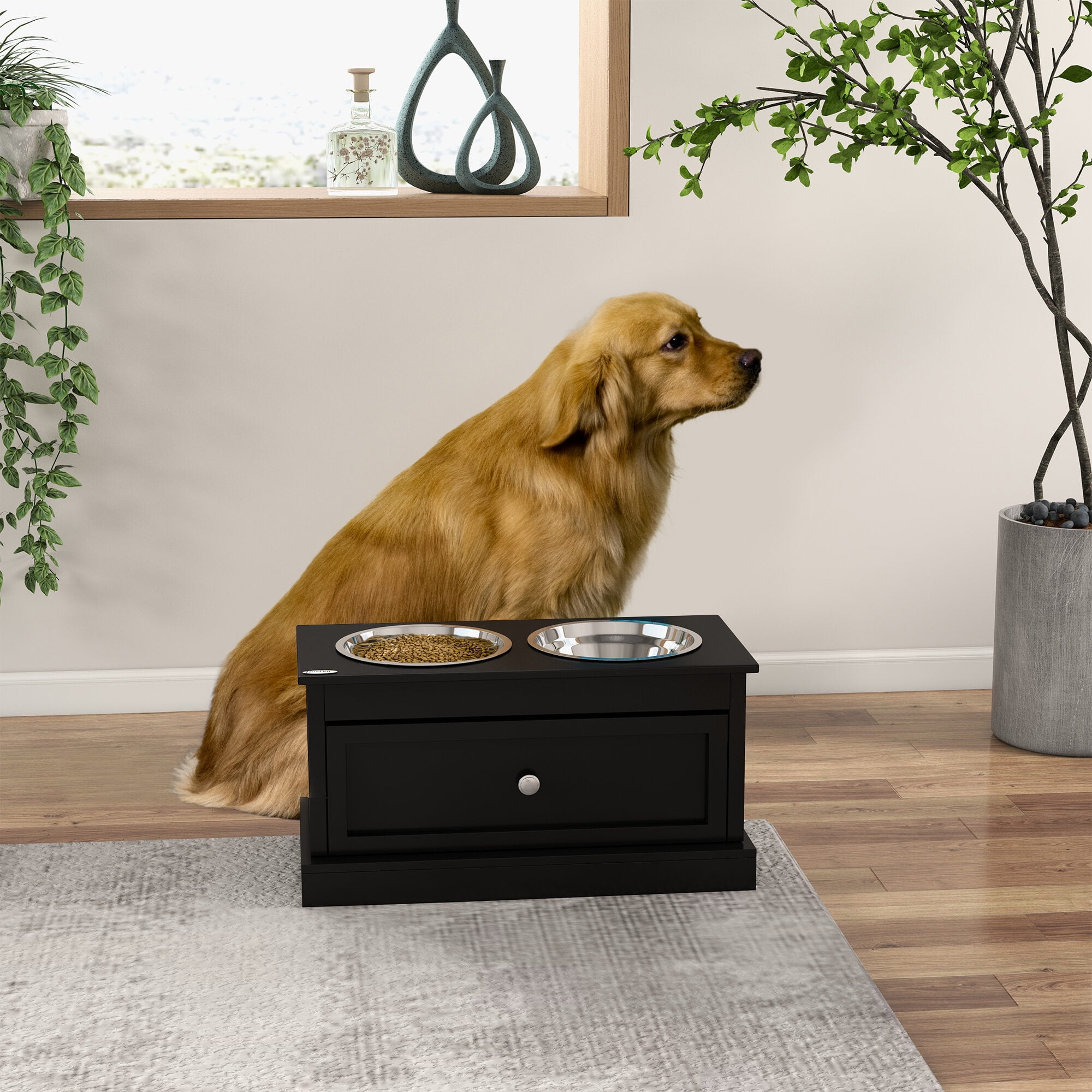 Orthopedic Dog Bed, PawHut Large Elevated Dog Bowls with Storage Drawer Containing 11L Capacity, Raised Dog Bowl Stand Pet Food Bowl Dog Feeding Station, Black, Black Dog Bed,Mdf Cat Bed