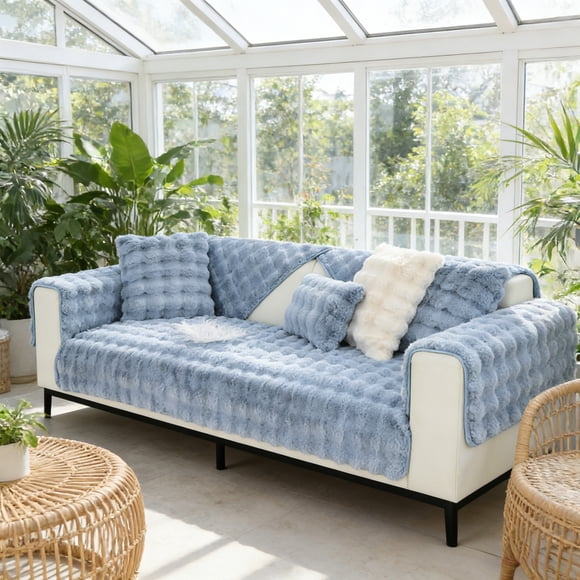 Thickened Sofa Cushion Cover - Warm & Cozy Puffy Throw Blanket for Couch or Bed Soft Polyester Fabric with Non-Slip Base Reinforced, Blue, JKODE