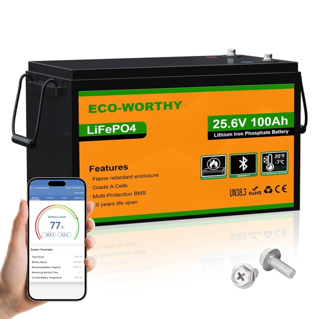 Batería de litio ECO-WORTHY 24V 100Ah LiFePO4 con Bluetooth 2560W