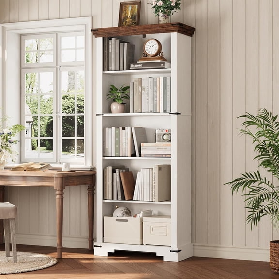 5-Tier Farmhouse Bookshelf, 61.1" Tall Bookcase with Storage, Adjustable Shelf, Wood Book Shelf for Study, Living Room, Home Office, Bedroom (White)