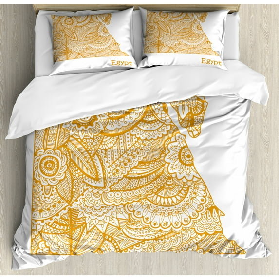 Vintage Egyptian Duvet Cover Set Queen Size, Map of Egypt Zentangle Intricate Floral Sketches Touristic Print, Decorative 3 Piece Bedding Set with 2 Pillow Shams, Marigold and White, by Ambesonne
