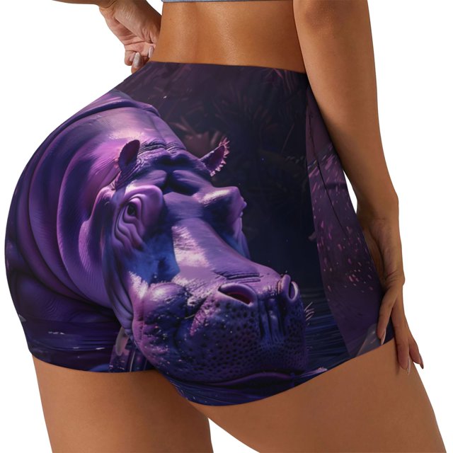 Balery Purple Hippo In Water Pantalones cortos de entrenamiento estampados para mujer, sin costuras, ajustados, para gimnasio, yoga, correr, deportes, ejercicio activo, fitness.-Medium