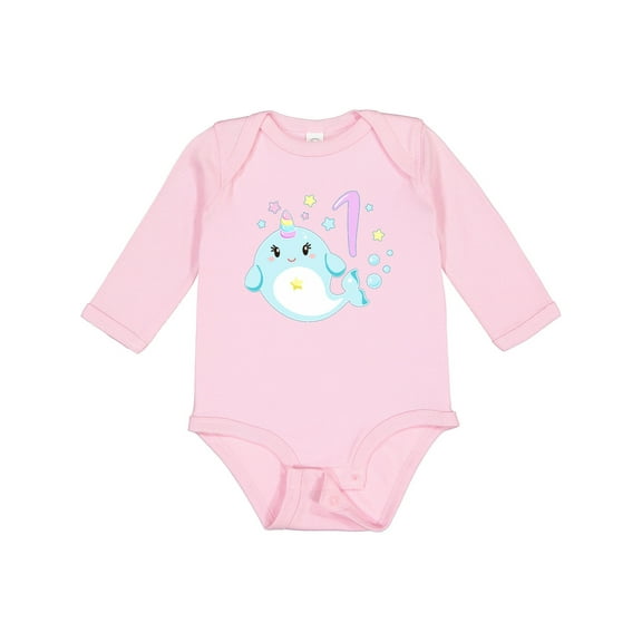 Inktastic Happy 1st Birthday with Cute Narwhal Stars and Bubbles Boys or Girls Long Sleeve Baby Bodysuit