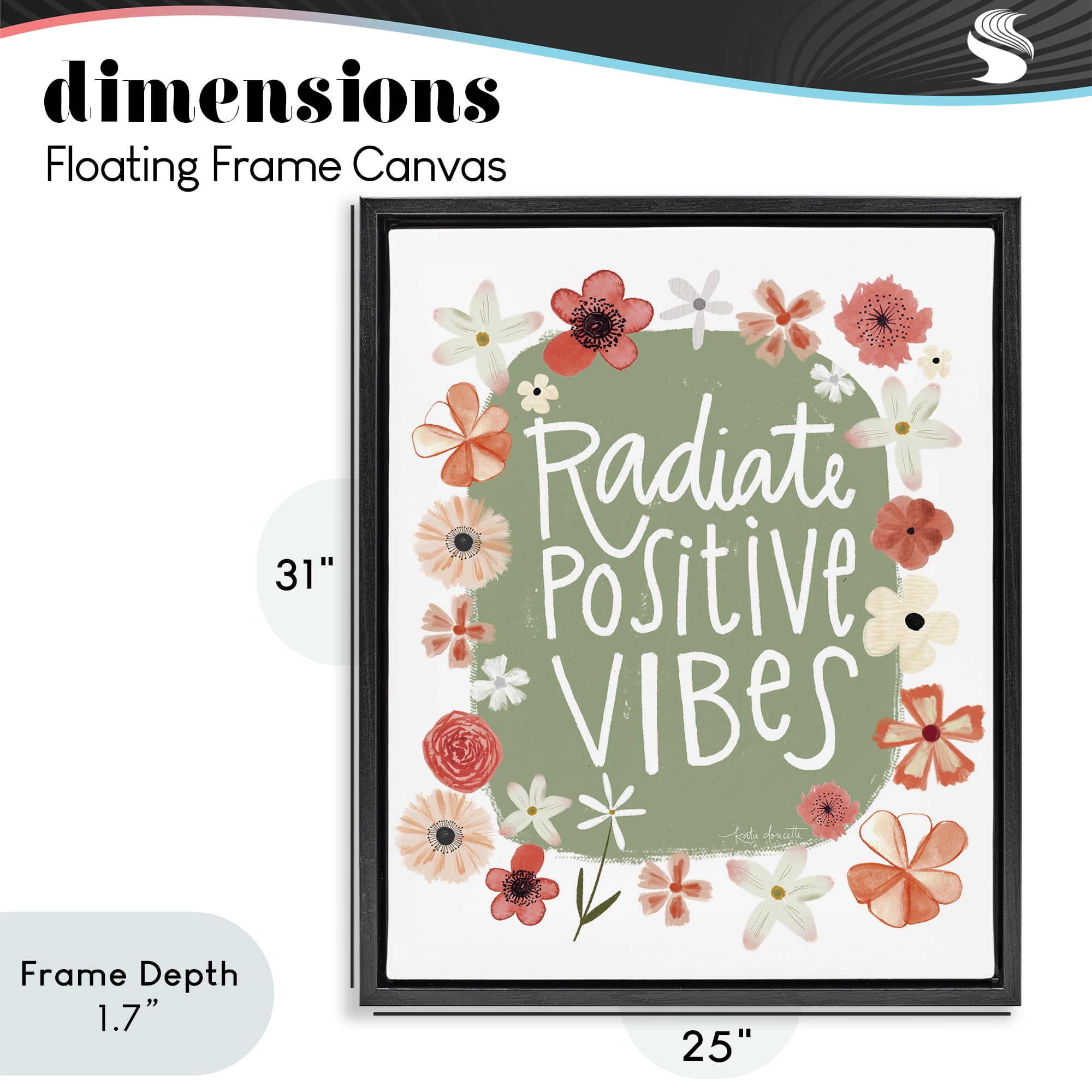 Stupell Industries Floral Radiate Positive Vibes Black Framed Floater Canvas Wall Art, design by Katie Doucette