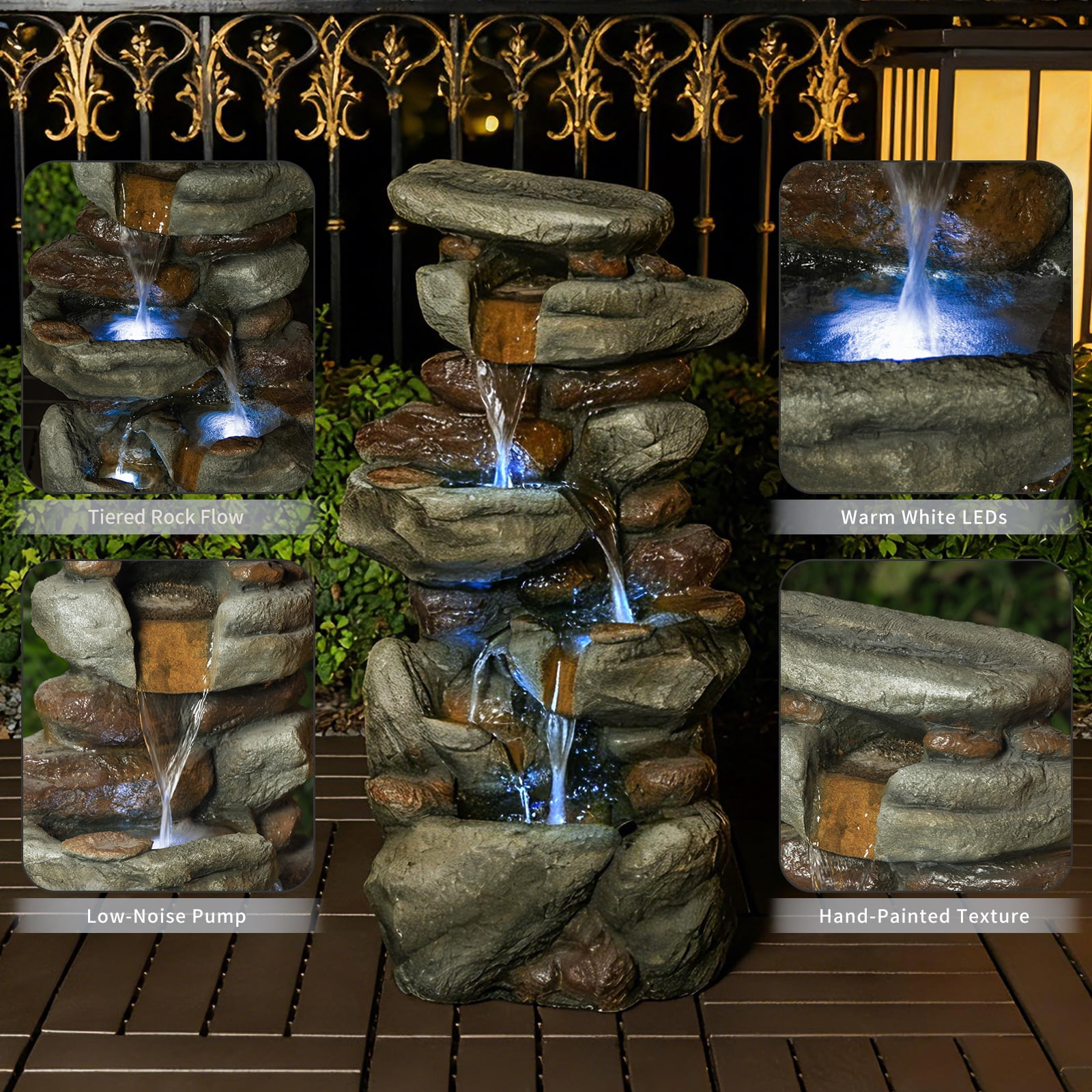 Morufur 30'' Outdoor Cascading Tiered Waterfall Fountain, Stone Fountains with LED Light for Patio Yard Garden Backyard, Gray