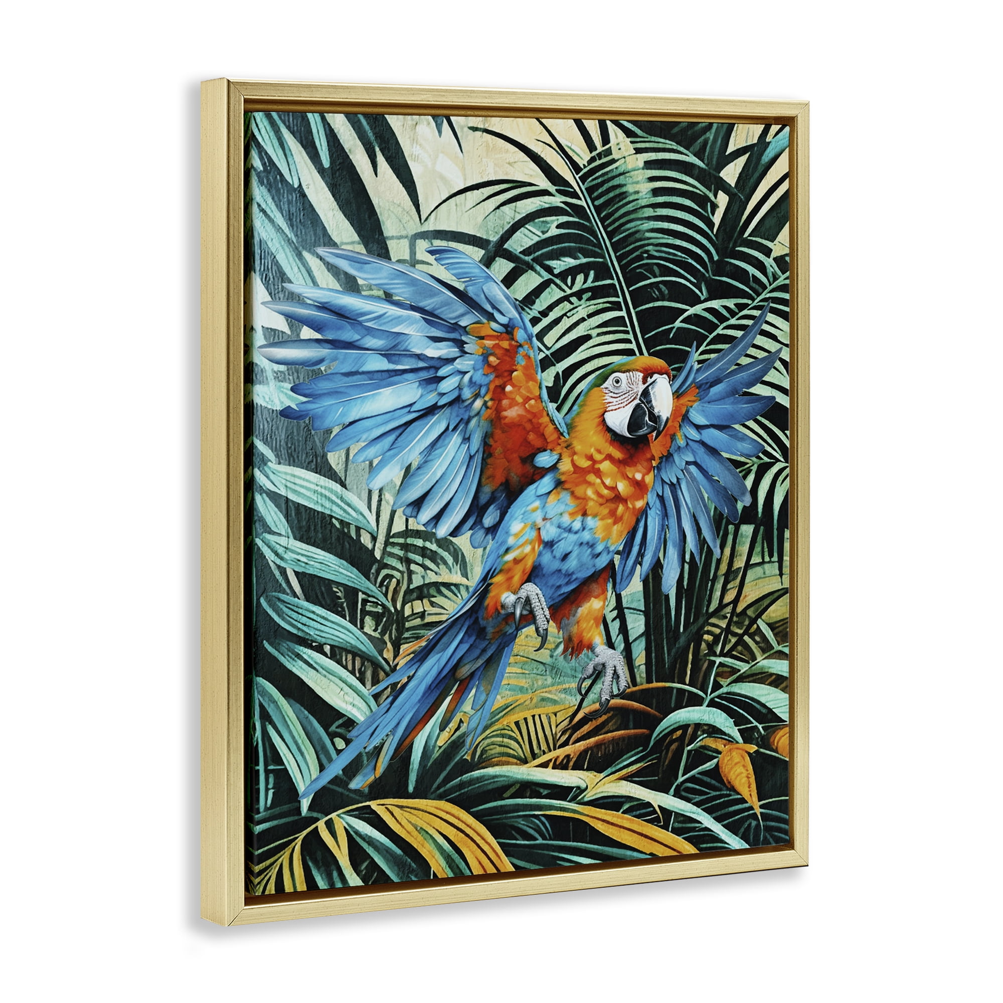 Stupell Industries Macaw in Flight Animals Painting Gold Floater Framed Canvas Art Print Wall Art, 17 x 21