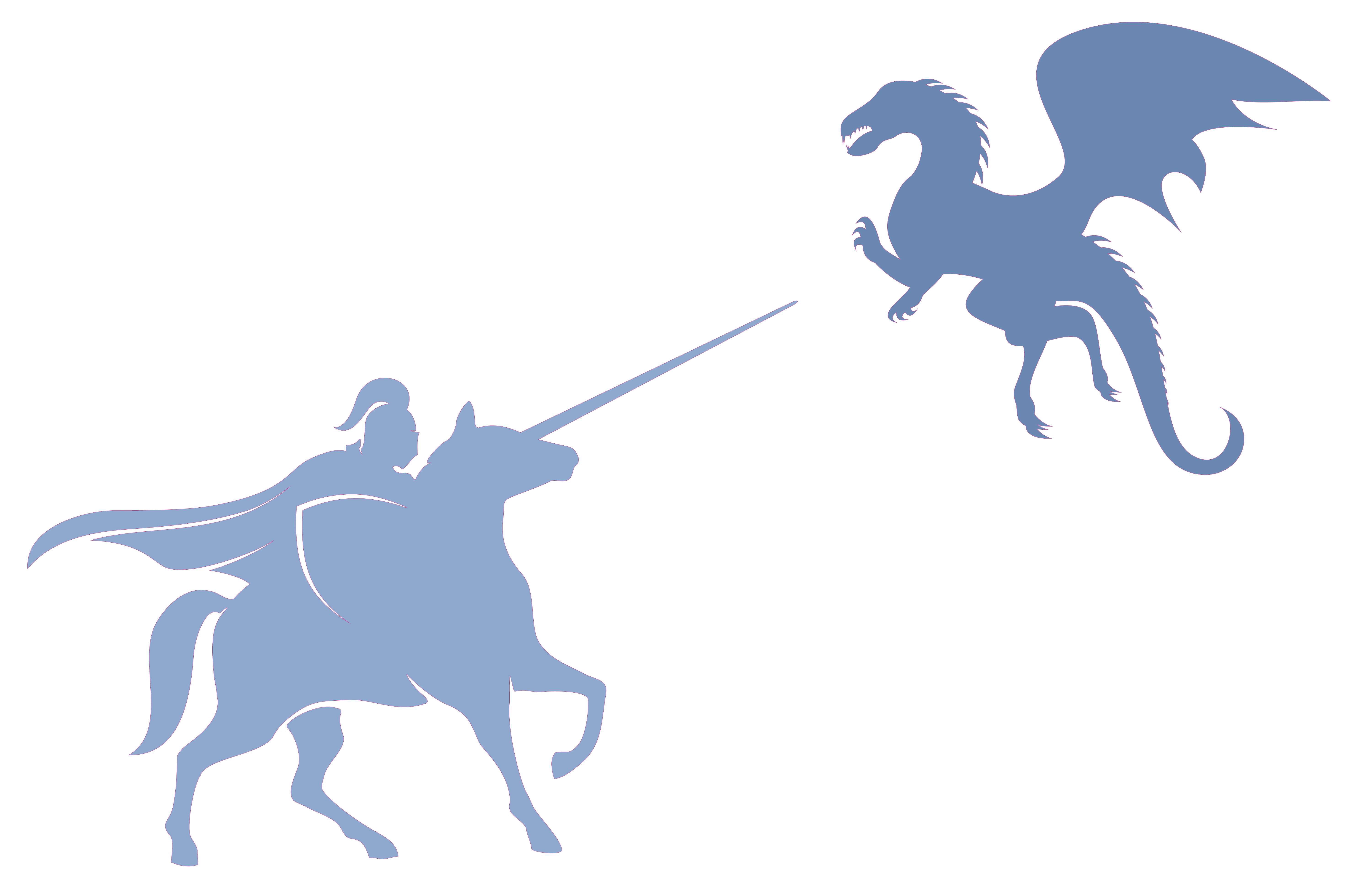 Silhouette Knight with Shield and Sword on Horse Facing a Flying Dragon ...