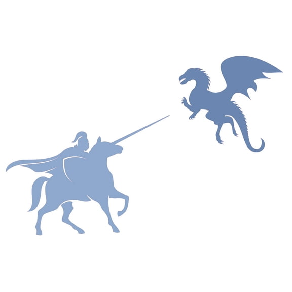 Silhouette Knight with Shield and Sword on Horse Facing a Flying Dragon Creative Artwork Design - Medieval Knight with Cape and Armor Riding a Horse for Living Room Vinyl Wall Decal - Knights in Shini