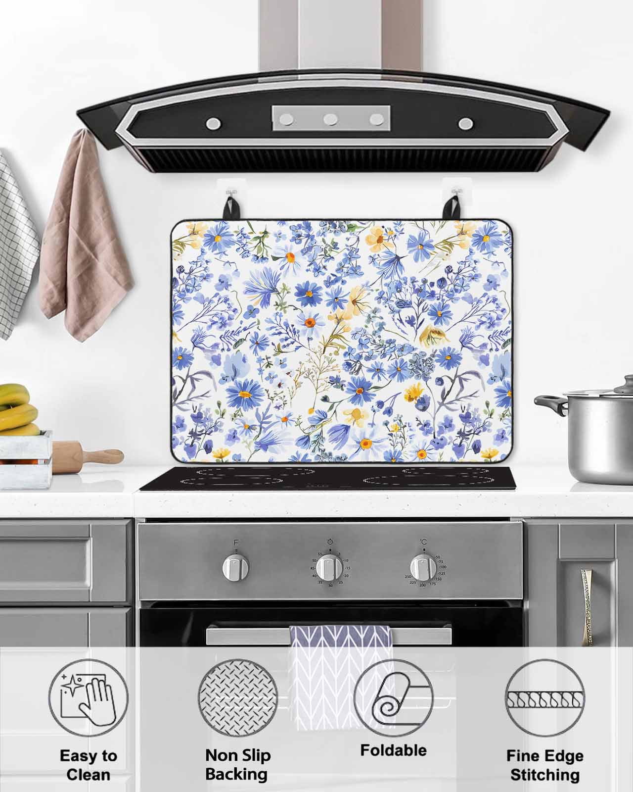 nqOlkjepod Large Induction Cooktop Protector Mat 24"x21", Blue Flowers Stove Top Covers for Electric Stove, Farmhouse Wildflowers Botanical Leaf Stove Burner Cover Mats, Glass Top Stove Cover
