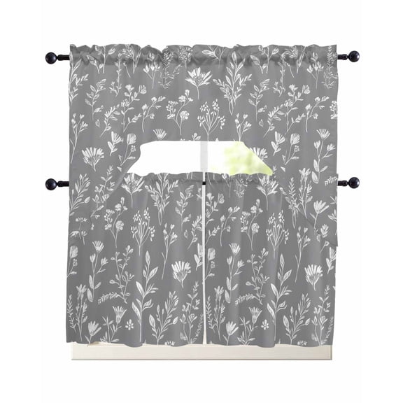 White Grey Spring Floral Kitchen Curtains Sets 36 Inch Length with Valance, Summer Flowers Botanical Swag Valances and Tiers Curtain Set Drapes Swag Curtains for Living Room, Bathroom, Bedroom, Cafe