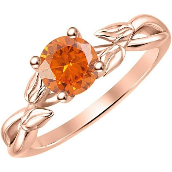 925 Sterling Silver 14K Rose Gold Finish Round Cut Orange Sapphire Leaf Solitaire Engagement Ring For Womens