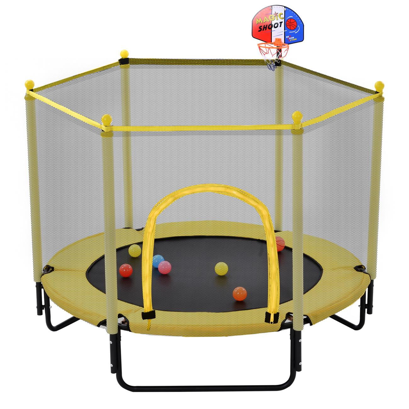 5FT Trampoline for Kids with Safety Enclosure Net and Basketball Hoop, Toddlers Outdoor Indoor Mini Recreational Exercise Trampoline, Pure Yellow