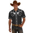 thumbnail image 2 of HOWPAY Mens Shirts Short Sleeve Button down Western Cowboy Print Holiday Beach Tops Stretch Casual Loose Fit Oversized Soft Summer Clothes Black L, 2 of 4