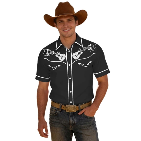 CONZONE Mens Buttons Down Shirts Short Sleeve Shirts for Men Trendy Western Cowboy Graphic Lapel Soft Lightweight Tops