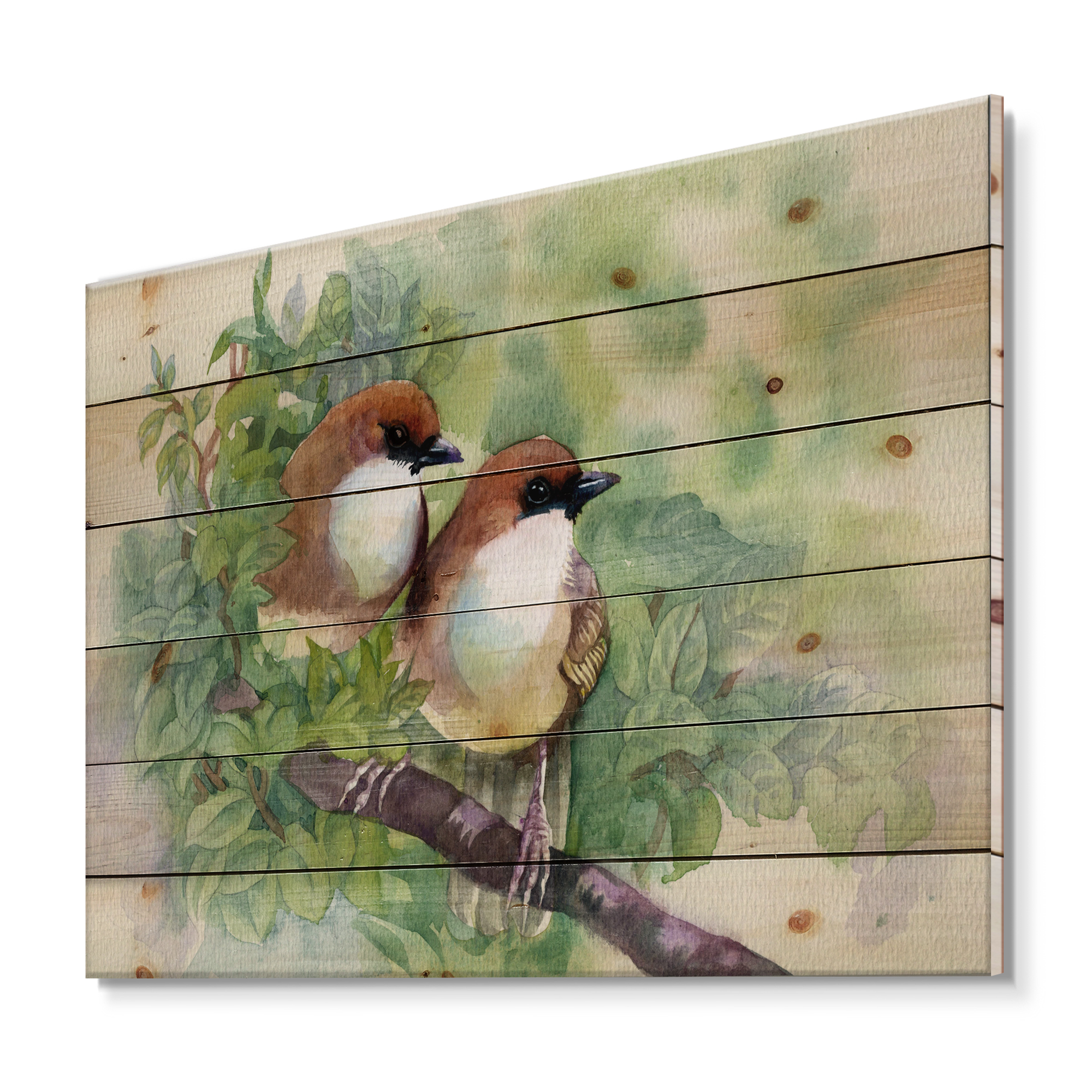 Designart 'Birds Of Spring Sitting On Branch' Traditional Print on Natural Pine Wood