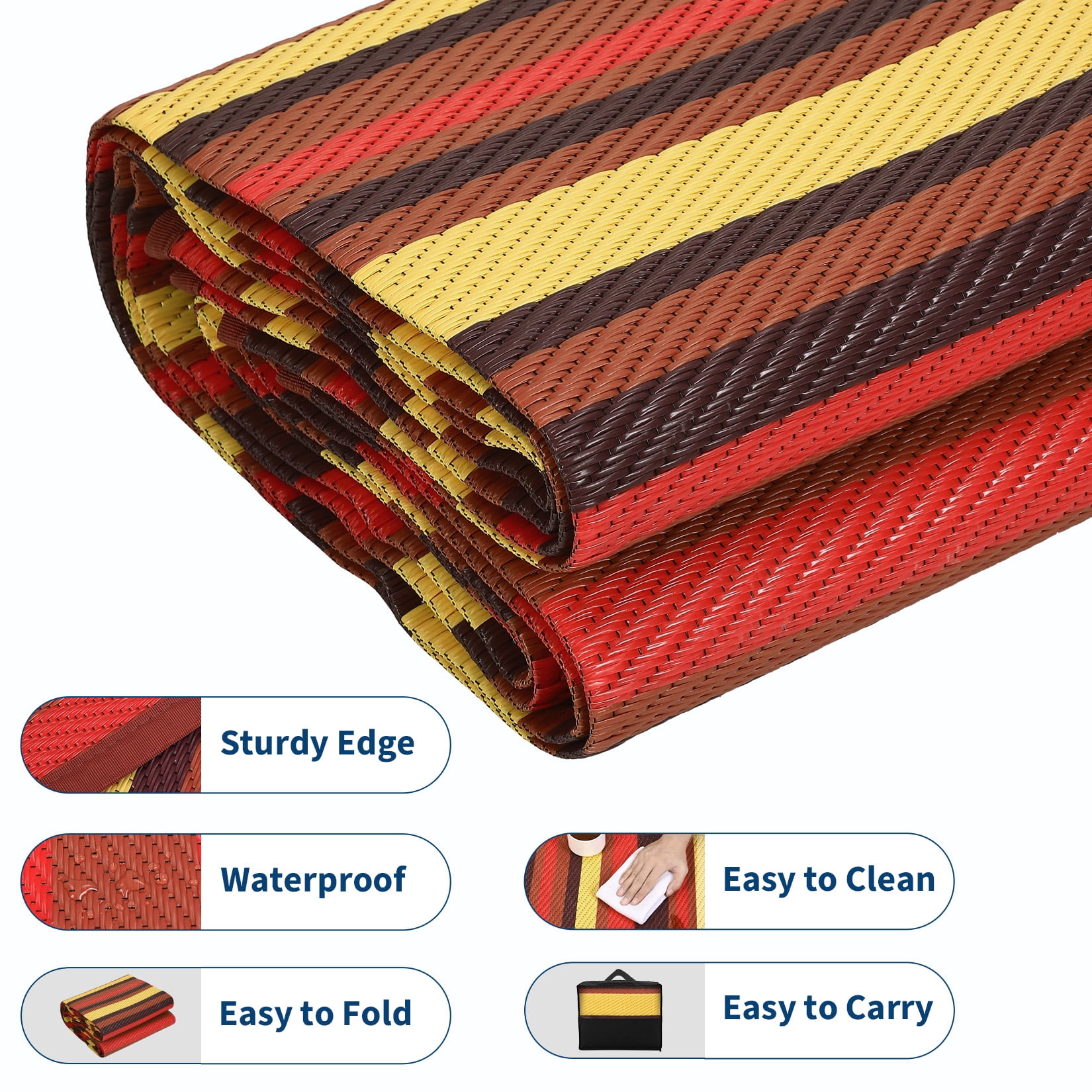 HIWEAVER 8' x 10' Orange/Yellow Outdoor Rug PP Plastic Straw Woven Waterproof Patio Rug with Border Portable Outside Carpet for Balcony Deck Picnic Garden Decor