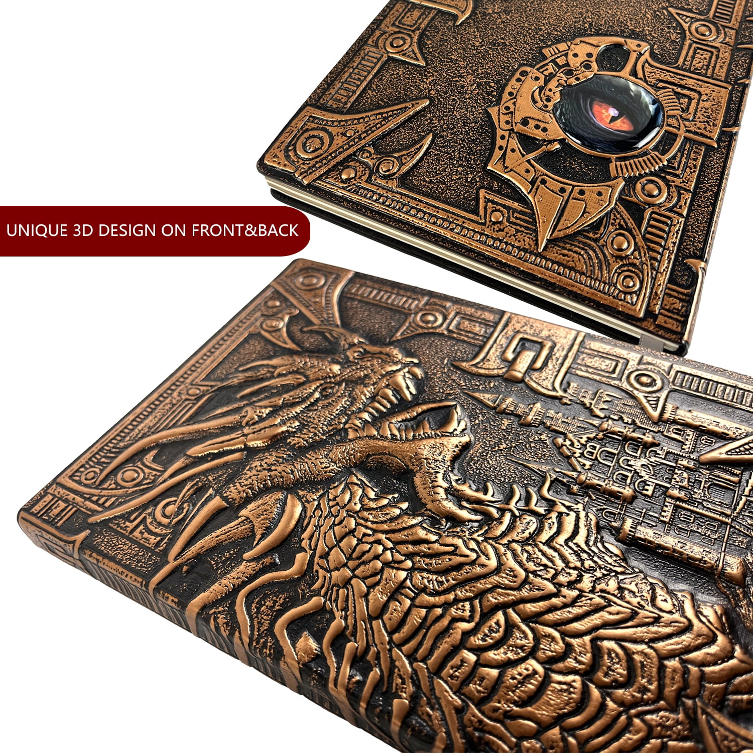 DND Notebook / Journal, with 3D Bronze Dragon Embossed Faux Leather Cover Ideal for Dungeons & Dragons / D&D. Great RPG Accessories Nerdy Fantasy Gift for DM's & Players, Men or Women. Red Copper