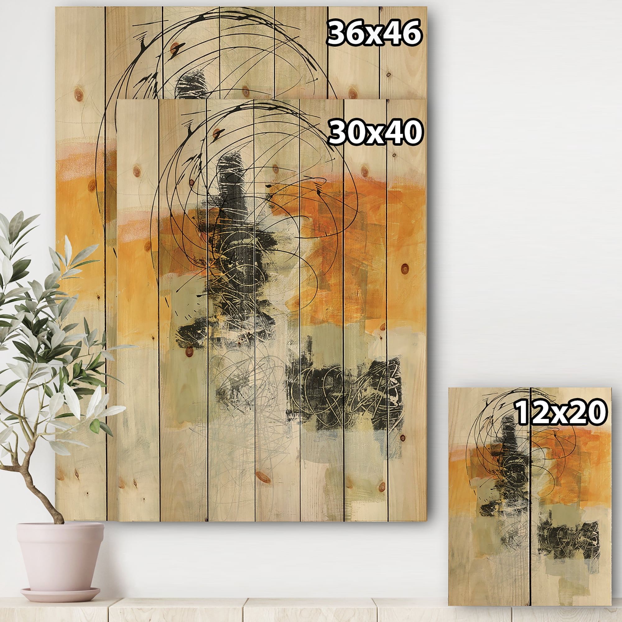 Designart 'Abstract Composition of Glamorous Black and Yellow I' Contemporary Print on Natural Pine Wood