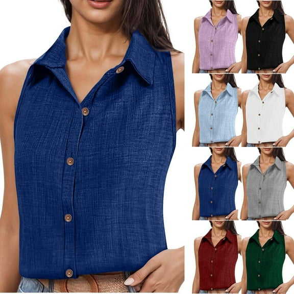 Zpanxa Womens Summer Tops, Women's Linen-Like Sleeveless Button Down Vest Casual Loose Fit Collared Tank Top Breathable Summer Beach Cover Up