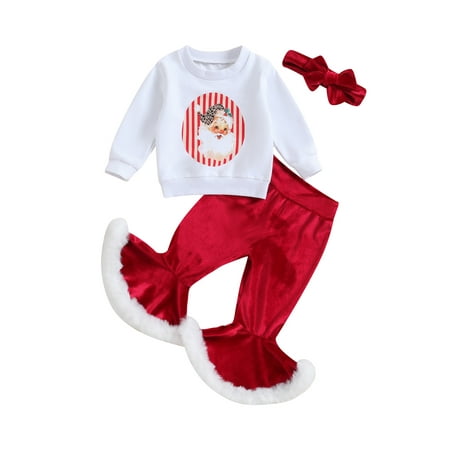 

Suanret Toddler Baby Girls 3PCS Christmas Clothes Long Sleeve Santa Claus Print Tops Flared Pants Headband White 9-12 Months