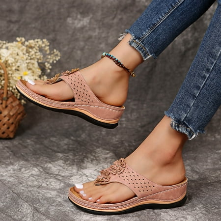 

Women Summer Roman Comfy Sandals Flat Bottomed Slip On Clip Toe Flip Flops Slider T Strap Sandals With Arch Support Open Pink 8(40)