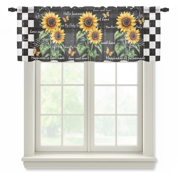 Summer Sunflower Sheer Valances for Windows Watercolor Floral Black White Plaid Retro Semi Sheer Kitchen Valance Rod Pocket Small Window Voile Curtains for Living Room Bedroom Laundry 42 x 12 Inch