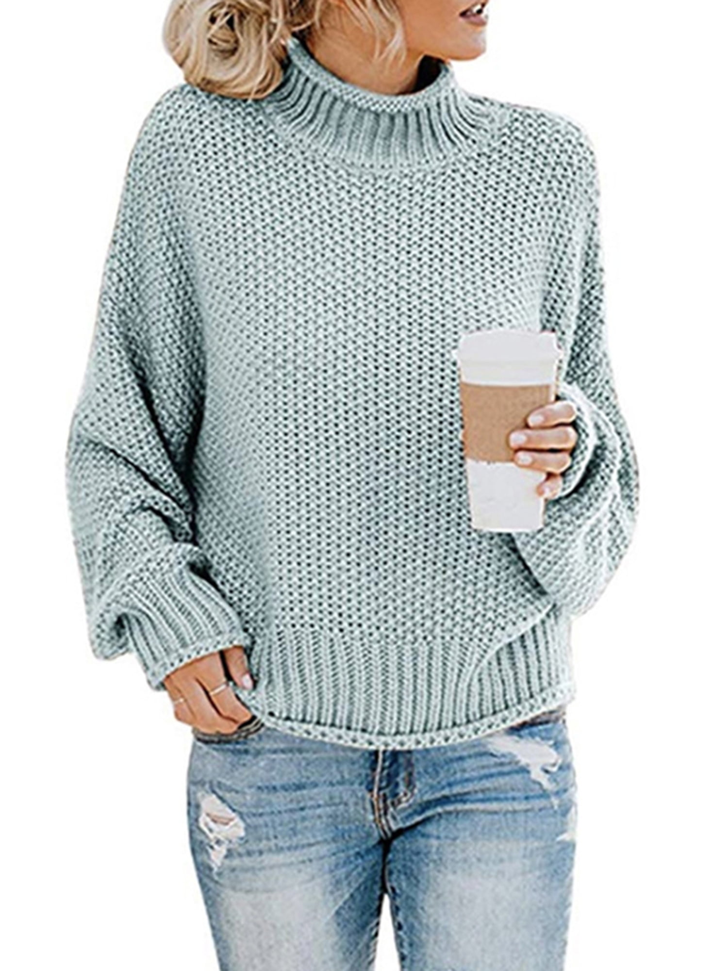 Feiwo Women Solid Long Sleeve Turtleneck Knit Sweaters Baggy Ladies Plain Loose Knitted High Neck Jumper Casual Warm Pullover Tops Grey L, Women's,