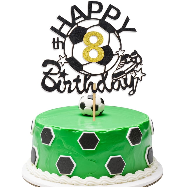 Decoración para tartas FUNCANDLE Soccer Happy 8º cumpleaños con purpurina dorada