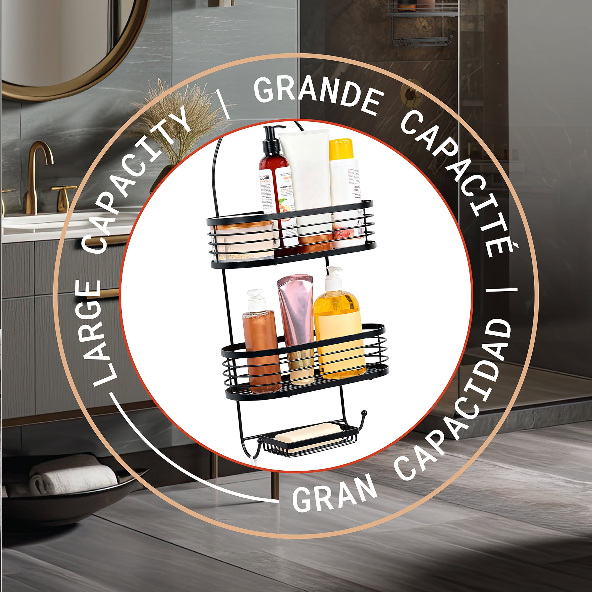 Acento 3-Tier Hanging Shower Caddy with Suction Cups, Non-Slip Neck, Bathroom Organizer, Matte Black