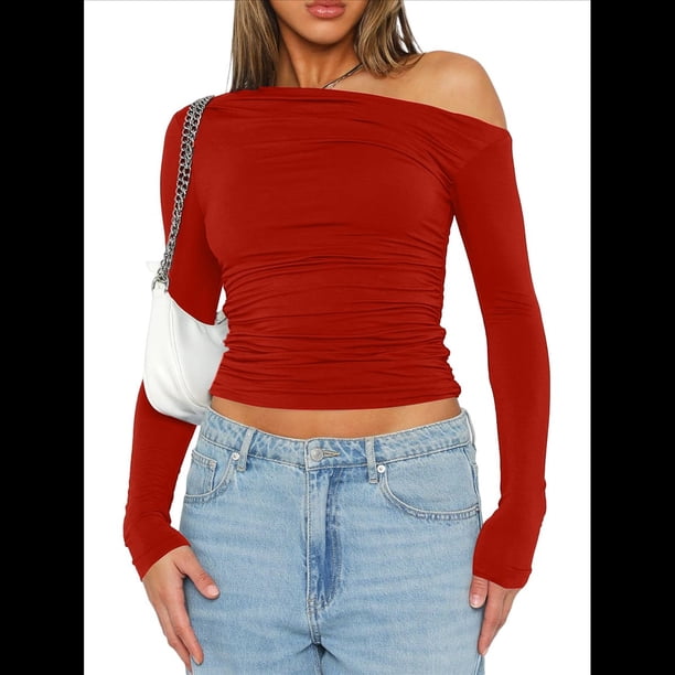 Blusa Informal de Larga con Cuello y Hombros Descubiertos para Mujer, Ajustada, para Salir, Estilo Y2K Rojo L