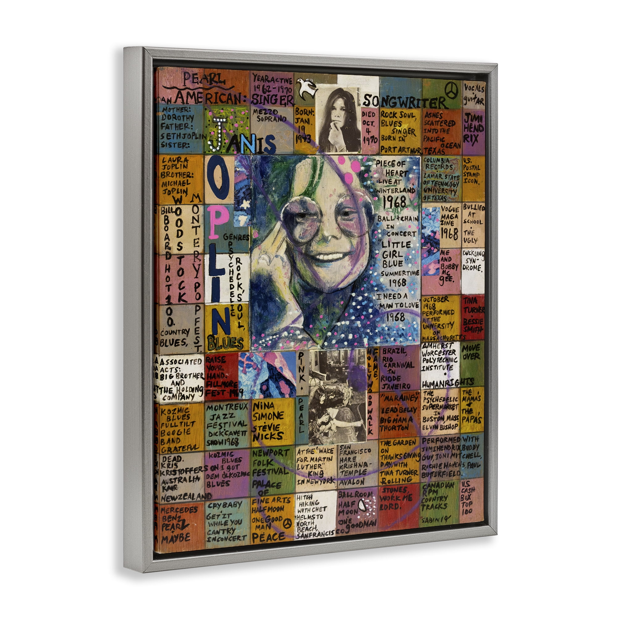 Stupell Industries Janis Joplin Collage People Drawing Gray Floater Framed Canvas Art Print Wall Art, 25 x 31