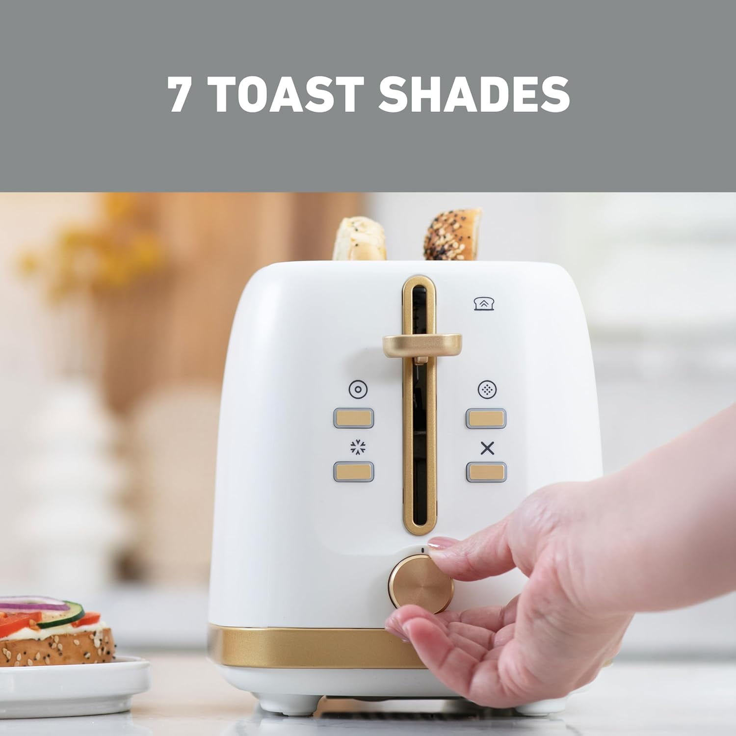 Timeless 2-Slice Toaster with 7 Browning Levels, Bal/Waffle/Defrost Settings, High-Lift Lever, Anti-Jam, Easy-Clean Crumb Tray, 2-Slice, White/Gold