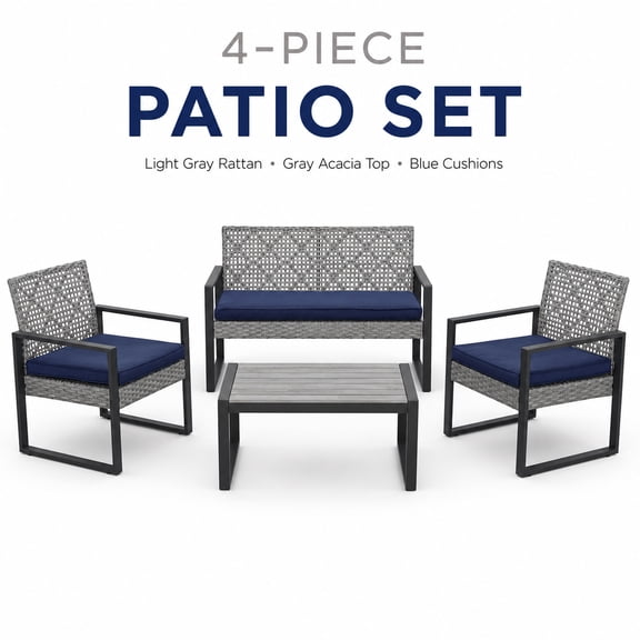 4-Piece Outdoor Patio Furniture Set with Acacia Wood Table Top, PE Rattan Conversation Sofa Set with Blue Cushions, Wicker Patio Seating Set for Porch, Balcony, Garden, Backyard and Lawn, Light Gray