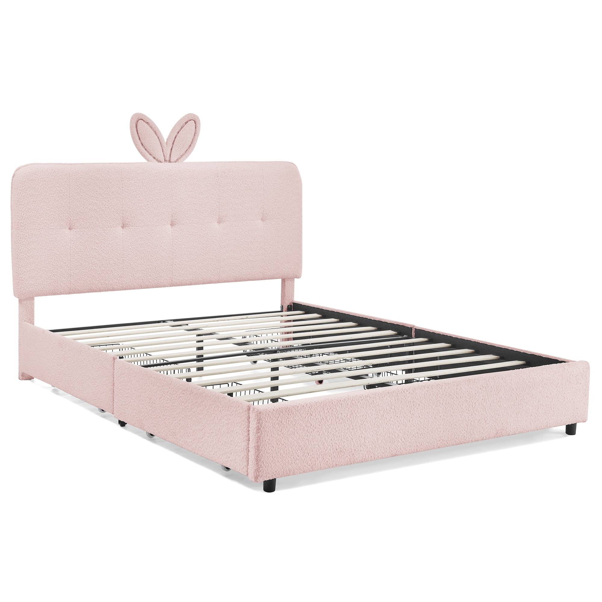 T-Joy Cute Upholstered Kids Bed with 4 Storage Drawers, Boucle Wooden Platform Bed with Rabbit Ear LED Light, Queen Size, Pink
