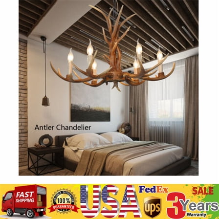 6-Lights Rustic Deer Horn Antler Chandelier Pendant Light Ceiling Lamp Fixture