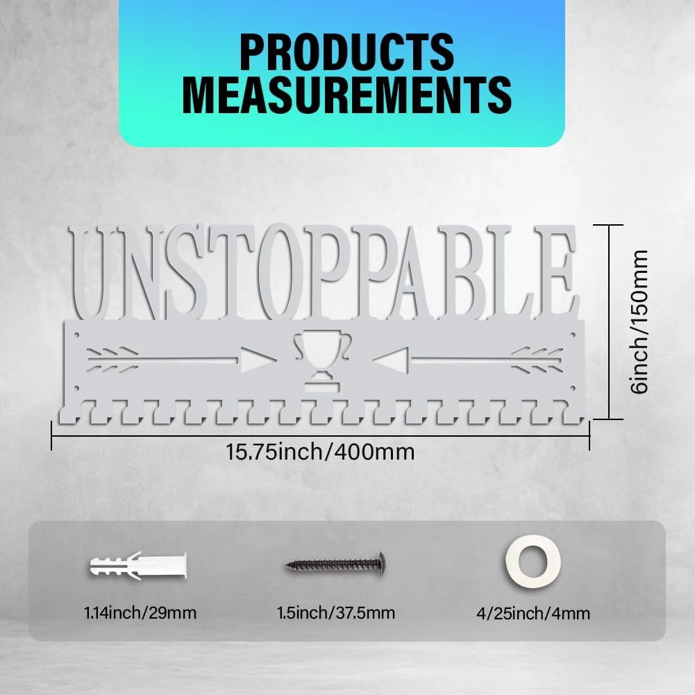Unstoppable Medal Holder Silver Medals Display Frame 17 Hooks Medals Display Metal Medal Rack Holder Sport Awards Ribbon Holder Wall Mount Award Rack DIY