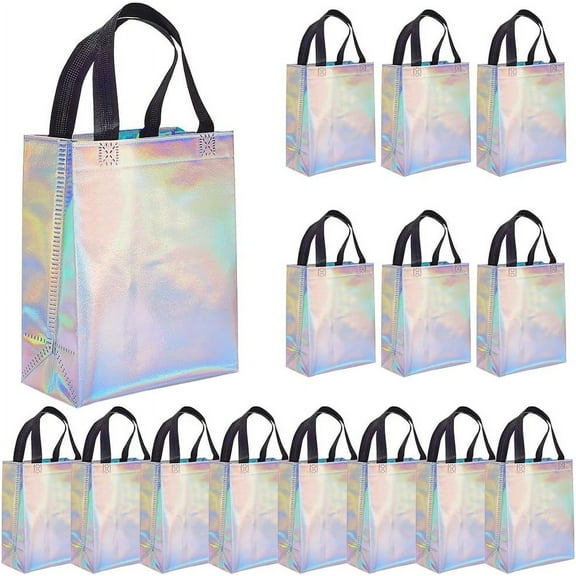 15Pcs Iridescent Glossy Gift Bags Non-woven Reusable Party Goodie Bags Small Gift Bag Bulk with Handles Sturdy Base